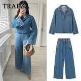 thanksgiving outfit Joskaa 2024 Spring Summer Casual Denim Women Suits Fashion Vintage Turn-down Collar Pocket Shirts+Chic Drawstring Wide Leg Pants