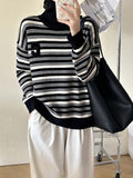 christmas outfit Joskaa Long Sleeves Loose Contrast Color Split-Joint Striped High Neck Pullovers Sweater Tops