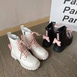 Joskaa Sweet Cool  Boots Women's Summer Pink Bow Lacquer Leather Skinny Motorcycle Boots English Style Thick Sole Short Boots