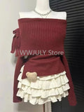 Joskaa Winter Kawaii Sweet 2 Piece Set Woman Off Shoulder Bow Knitted Tops + Mini Cake Skirt Female Korean Fashion Casual Suit 2025 New