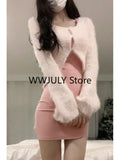 Joskaa Autumn Sexy Strap Y2k Mini Dress Sets Women Pink Sweet Sweater Tops Elegant Bodycon Slim 2 Piece Skirt Dress Korean Fashion 2025