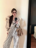 cold weather outfits Joskaa New Retro Suit Leopard Print Fur Collar Hoodie Women Clothes Casual Simple Y2K Street Wide Leg Pants Zipper Jacket Two Piece Set