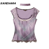 Joskaa Japanese Sweet Spicy Girl Y2k Style Purple Lace Patchwork Short Sleeved Top for Women Design Niche Light Short T-shirts