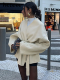 Joskaa Elegant Woolen Coat With Belt Women Loose Lace Up V Neck Long Sleeve Female Jackets 2024 Autumn Lady Fashion Commute Overcoat