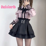 Joskaa Sexy Retro Sweetheart College Style Hollowed Out Slimming Shirt Top Waist Cinching Lace Skirts Set Subculture Y2k Sets