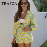 thanksgiving outfit Joskaa 2024 Spring Summer Casual Print Women Suits Fashion Streetwear Turn-down Collar Half Sleeve Shirts+Chic Mini Short Pants