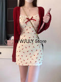 Joskaa Sweet 2 Piece Dress Set Woman Red Long Sleeve Cardigan + Strap Floral Y2k Mini Dress Party Korean Fashion Suit 2025 Autumn Chic