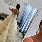 Joskaa Luxury Beige Prom Dresses Spaghetti Strap Evening Dress Elegant Sleeveless Lace-up Tulle Party vestidos de fiesta 2024-(PRE-ORDER)