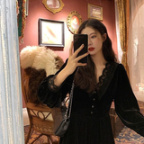 Joskaa French Vintage Dress Women Lace Velvet Black Elegant Party Dress Female Autumn 2020 High Waist Long Sleeve Midi Gothic Dress