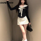 Joskaa Spring Korean Sweet Fashion Doll Collar Strap Top High Waist Wave Point Bag Hip Skirt Vintage Y2k Two Piece Set Платье