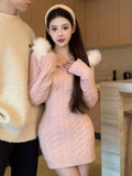 Joskaa 2025 Winter Knitted Sweater Dress Hooded Women Slim Bodycon Y2k Mini Dress Faux Fur Female One Piece Dress Korean Elegant