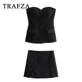 thanksgiving outfit Joskaa 2024 Spring Summer Sexy Solid Women Suits Fashion Strapless Sleeveless Single Breasted Tops+Folds Mini Shorts Skirts