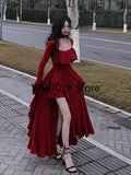 Joskaa 2025 Spring Women Elegant Long Slevee Midi Dress Female Red Square Collar Ruffle Party Dress Christmas Irregular Prom Dress