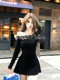 Joskaa American Style Sexy Slim Bodycon Y2k Mini Dress Spicy Girl Black Korean Fashion Short Party Dress Casaul Leopard Design Clothing