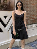 Joskaa 2025 Y2k Aesthetic V Neck Black Women Slip Dress Vintage Grunge Slim Harajuku Sexy Belt Dresses Pleated Streetwear Vestido