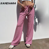 Joskaa Japanese Y2K Subculture Niche Stripe Design Lace Up Low Waisted Casual Pants Spicy Girls' Hanging Knitted Wide Leg Pant