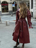 Joskaa Vintage Women's Long Leather Jacket With Belt Lapel Double Breasted Pocket Overcoat 2024 Autumn Winter Lady Street Outerwear New