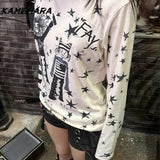 Joskaa Japanese Subculture Millennial Style Y2k Shirt Beige Star Print Striped Patchwork Design Long Sleeve T-shirt Top Female