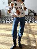 christmas outfit Joskaa Long Sleeves Loose Flower Print Round-Neck Pullovers Sweater Tops