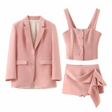 thanksgiving outfit Joskaa 2024 Spring Summer Solid Office Lady Suits Fashion Shrug Single Breasted Blazers+Short Slim Vests+Pleat Mini Short Skirts