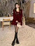 Joskaa 2025 Spring Red Lolita Y2k Short Party Dress Women Casual Kawaii Sweet Mini Dress Elegant Chic One Piece Dress Korean Fashion