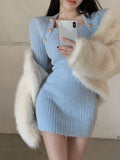 Joskaa 2025 Winter Blue Sexy Slim Bodycon Dress Woman Korean Fashion Elegant Knitted Dress Short Party Y2k Mini Dress Office Lady Chic