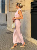 Joskaa Elegant Pleated Long Dresses Women Bodycon Sleeveless Half High Collar Back Split Long Dress 2024 Summer Lady Pink Party Robes