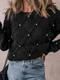 christmas outfit Joskaa Long Sleeves Loose Beaded Round-Neck Pullovers Sweater Tops