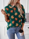 christmas outfit Joskaa Long Sleeves Loose Contrast Color Jacquard Knitted Leaves Split-Joint Round-Neck Pullovers Sweater Tops