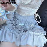 Joskaa Y2k Summer Japanese Soft Girl Mushroom Edge Drawstring Top Floral Short Sleeved T-shirt Cake Skirt Sweet 2 Piece Set