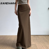 Joskaa Japanese Retro Brown Spicy Girl Split Hip Half Skirt Low Waist One-piece Slim Fit Slimming Knitted Long Skirts Female Y2k