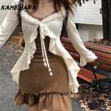 Joskaa American Style Vintage 2 Piece Set Spicy Girl Sexy Sleeveless Mini Dress Knitted Ruffle Y2k Cardigan Fashion Suit Woman