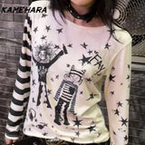 Joskaa Japanese Subculture Millennial Style Y2k Shirt Beige Star Print Striped Patchwork Design Long Sleeve T-shirt Top Female