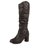 thanksgiving outfit Joskaa Female Knee Boots Round Toe Chunky Heels 7.5cm Size 50 51 52 Pleated Vintage Daily Bota