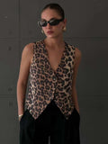 Joskaa Women's Vest 2024 Fashion Leopard Summer V-Neck Single-breasted Vest Top Ladies Casual Cropped Sleeveless Coat New In Vests