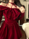 Joskaa 2025 Winter Vintage Red Velvet Short Party Dress Woman Bow Elegant Y2k Mini Dress Lolita Kawaii One Piece Dress Korean Fashion