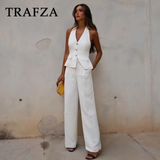 thanksgiving outfit Joskaa 2024 Spring Summer Casual Women Solid Suits Fashion V Neck Halter Single Breasted Vests+Chic High Waist Wide Leg Pants