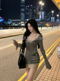 Joskaa Woman Sexy Slim Bodycon Dress Set Hot Girls Elegant Stripe Y2k Mini Dress Casual Party Club Korean Fashion Dress Design Chic