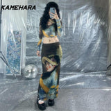 Joskaa Retro Y2k Oil Painting Print Ruffle Edge Spicy Girl Mesh Long Sleeved Top Wrapped Buttocks and Long Skirt 2-piece Sets