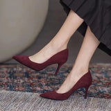 Joskaa Women High Heel Shoes Sharp Pointed Thin Heel High-heeled Pumps Shoes New Suede Black Red Blue Women's Single Shoes Big Size 42