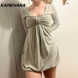 Joskaa Y2k Japanese Bow Splicing Fake Two Short Skirt Women's New Style Pure Desire Sexy Show Thin Versatile Long Sleeve Dress