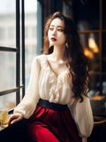 Joskaa 2025 Summer Slim Elegant Blouse Women Evening Party French Long Sleeve Shirt Office Lady Causal Outwear Top Korean Fashion Chic