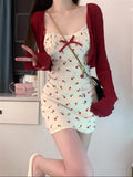 Joskaa Sweet 2 Piece Dress Set Woman Red Long Sleeve Cardigan + Strap Floral Y2k Mini Dress Party Korean Fashion Suit 2025 Autumn Chic