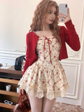 Joskaa 2025 New Sweet Floral Dress Set Woman Casual Red Short Cardigan Elegant Lace Y2k Mini Dress Beach Korean Fashion Clothing Suit