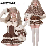 Joskaa Japanese Sweet Lolita Cloak Harajuku Folded Lace Top Retro Y2k Cake Strap Skirt Fashion Spring Three Piece Sets Платье