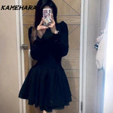 Joskaa Sweet Spicy Heiress Black Robe Harajuku Style Semi High Neck Long Sleeve Waist Cinching Slimming Y2k Knitted Puffy Gown