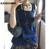 Joskaa Japanese Kawaii Hot Girl Striped Sleeveless Graffiti Vest College Style High Waist Patchwork Cake Skirt Y2k 2-Piece Set