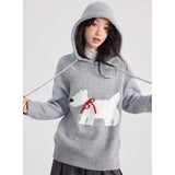 cold weather outfits Joskaa Dog Printed Cute Hooded Sweater Knit Women Y2k Drawstring Long Sleeve Pullover Sweater Loose Casual Hoodies Fall Winter