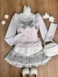 Joskaa Japanese Sweet Preppy Style 2 Piece Set Women Kawaii Lace Patchwork Bow Tops + Y2k Plaid Mini Skirt Elegant Fashion Outifits New