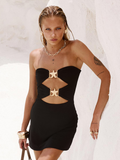 Joskaa Chic Starfish Metal Ring Mini Dresses For Women Sexy Off Shoulder Hollow Out Slim Short Vestidos New Summer Lady Beach Dresses
